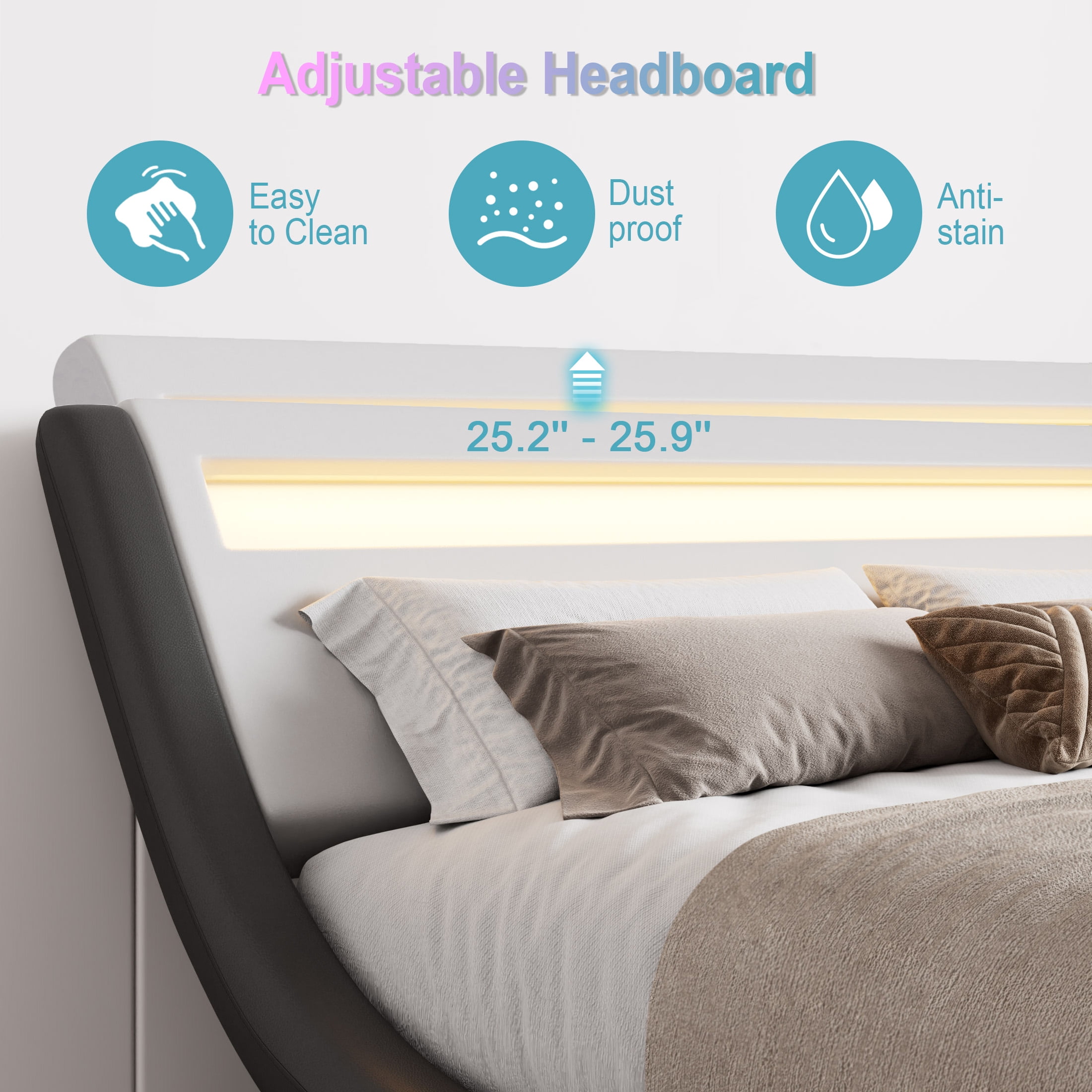 Amolife King Size Wave-like Curve Deluxe Upholstered Modern Bed Frame with LED Headboard, Black+White