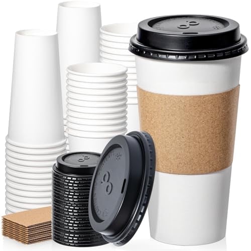 Fit Meal Prep 50 Pack 20 oz Disposable Coffee Cups with Lids, Sleeves, Leak-Proof To Go Coffee Cups with Lids, Durable Paper Cups for Hot Beverage, Home, Office, Party