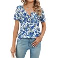 thumbnail image 3 of SLADYGLO Women Floral Print Scoop Neck Buttons Short Sleeve Pleated Curved Hem T-Shirt, 3 of 7