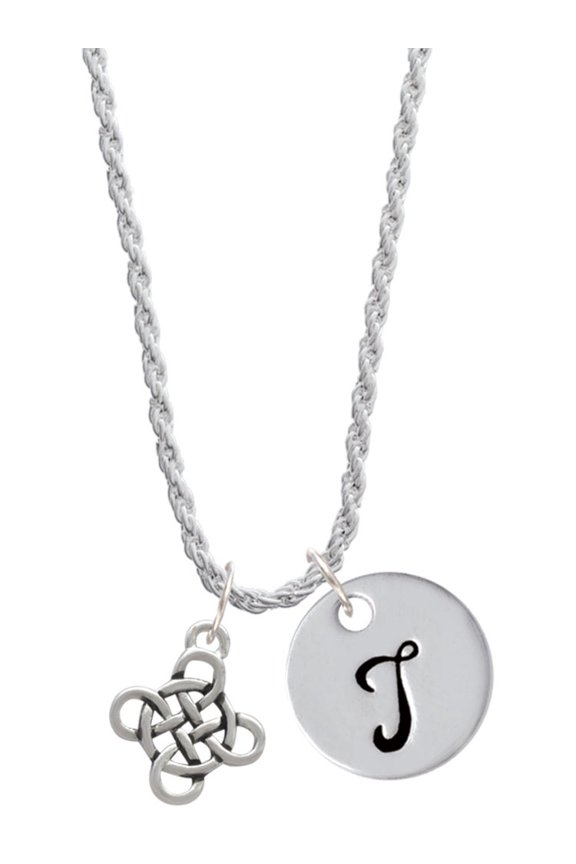 Silvertone Celtic Knot Cross Silvertone Script Initial Disc - T - Charm Necklace, 20"+3"
