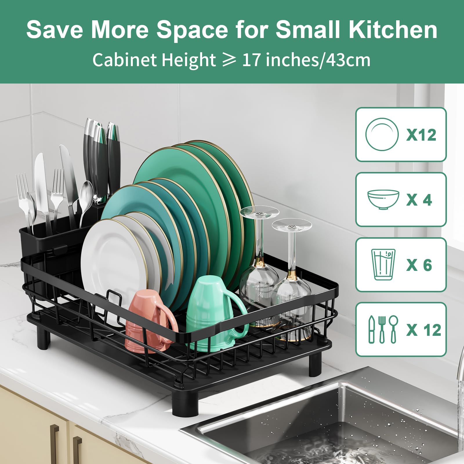 Dish Drying Rack  Stainless Steel Racks For Kitchen Counter Drainer With Removable Utensil Holder Drainboard (black 13''w X 17''l)