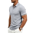 thumbnail image 2 of YLSDY Men's Slim-Fit Ribbed Collared Shirt, Striped Cuff Trim, 3-Button Placket Short Sleeve Top for Casual & Business Casual Gray XXXL, 2 of 8