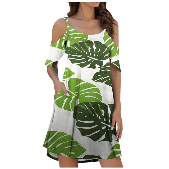 Brnmxoke Women 2024 Summer Midi Dress Casual Floral Cold Shoulder Sleeve Sundress Beach Hawaiian Outfits Wedding Guest Dress