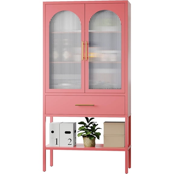 ALBAD 63 Inch Tall Metal Pantry/Display/Storage Cabinet with Fluted Glass Doors and Drawer & Adjustable Shelf for Modern Home Office Living Room Kitchen Pink
