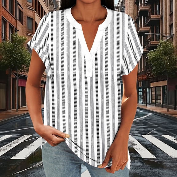 Womens Casual T Shirts V-Neck Short Sleeve Shirts Tops Loose Button Printed Blouse Summer Shirt Everyday Womens Tops
