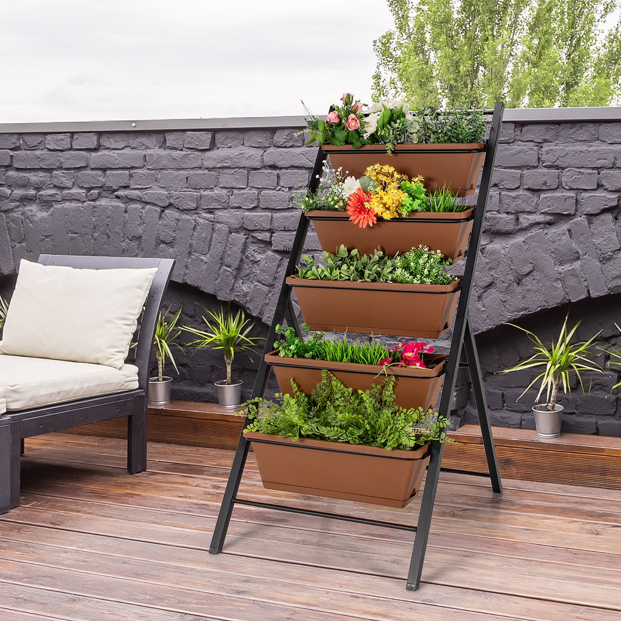 Costway 5-tier Vertical Garden Planter Box Elevated Raised Bed w/5 Container Brown