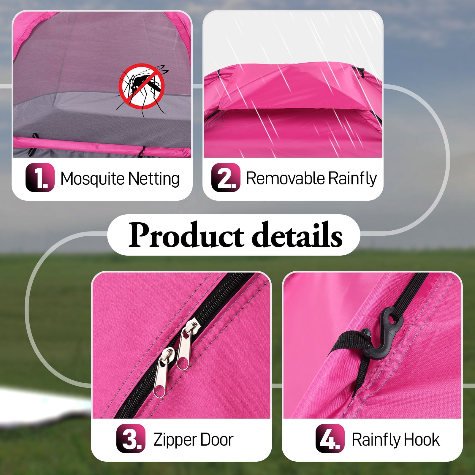 UBesGoo 3-4 Person Outdoor Camping Waterproof Tent Fast Family Dome, Shocking Pink