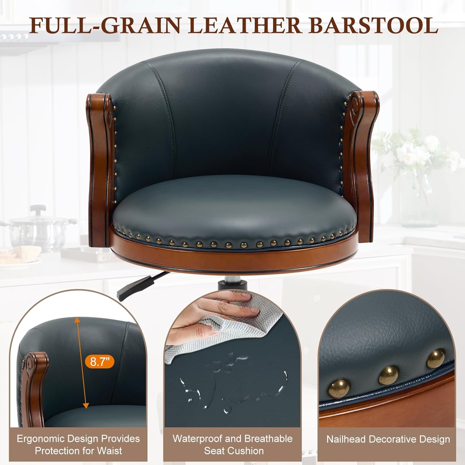 AULIFE Adjustable Height Swivel Bar Stool with Full-Grain Leather, Solid Wood Frame and Footrest–Modern Design for Kitchen Island, Counter, or Home Bar