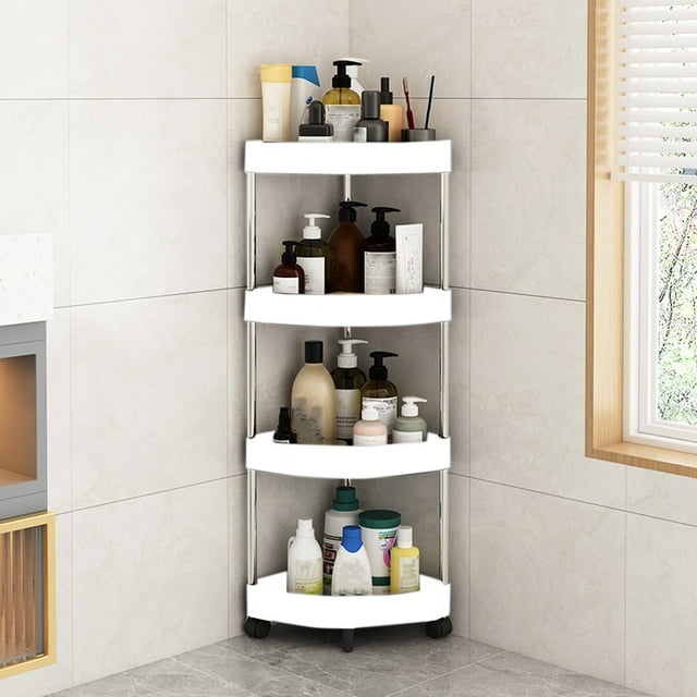 Meitianfacai Étagère d'Angle de Salle de Bain avec Conception Détachable, 4 Niveaux, Roulettes et Trous de Drainage