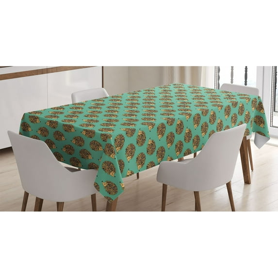 Hedgehog Tablecloth, Abstract Animal Design Cartoon Style Creatures Funny Faces Friendly, Rectangle Satin Table Cover Accent for Dining Room and Kitchen, 60" X 84", Sea Green Multicolor, by Ambesonne