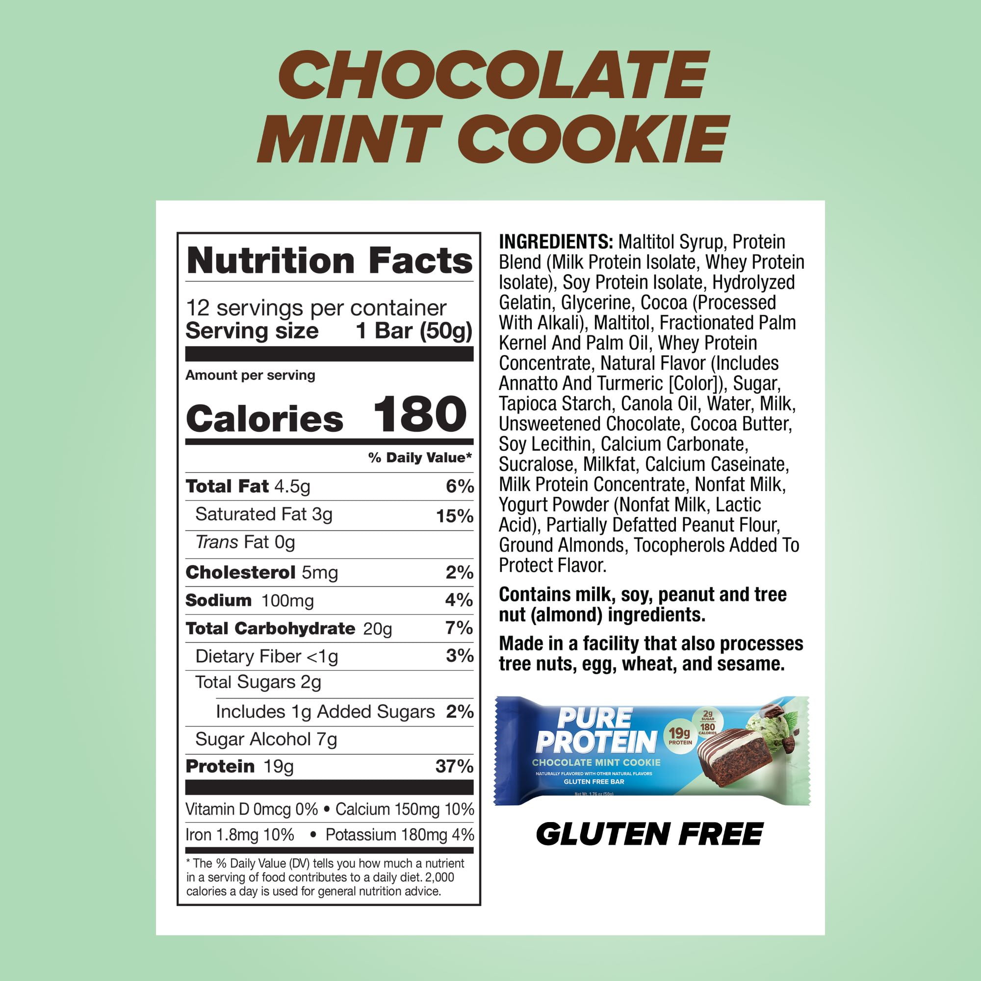 Pure Protein Bars, Chocolate Mint Cookie, 19g Protein, 1.76 oz, 12 Ct