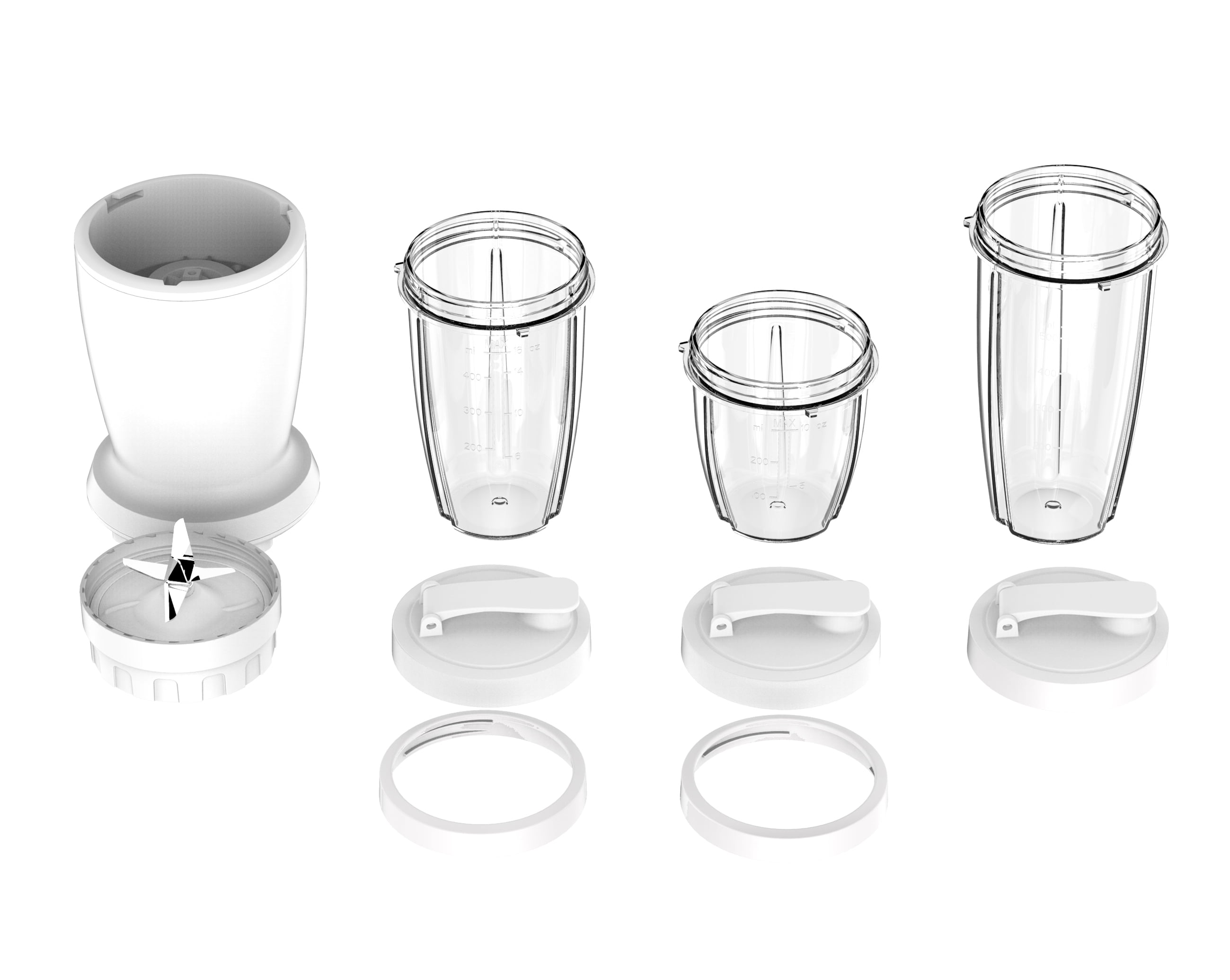 Mainstays 10-Piece Blender Set, Arctic White, 300W, with 3 Jars (10oz, 16oz, 18oz), 2 Drinking Lids, Stainless Steel Blade