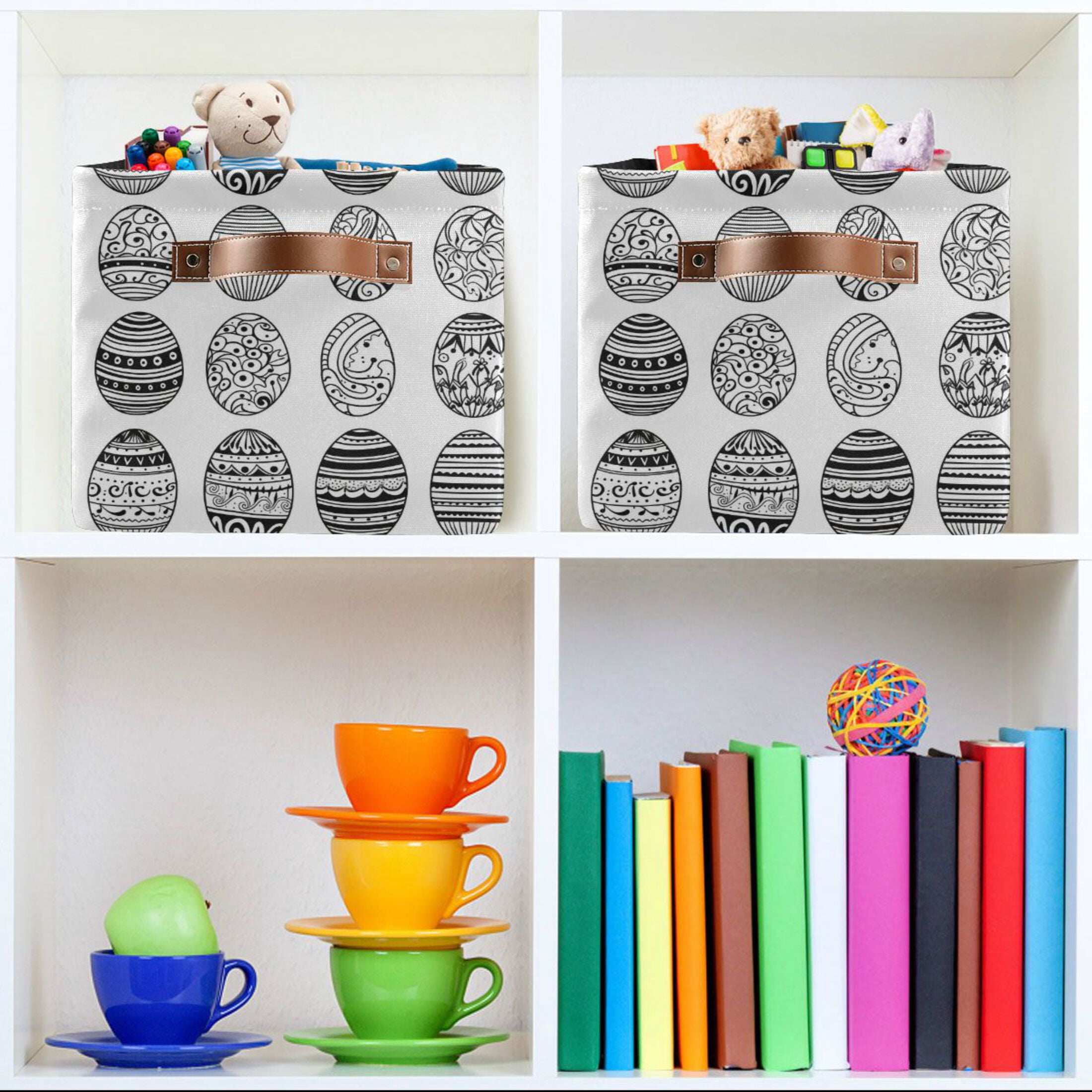 Hand Drawn Easter Eggs Storage Bins with Handle Fabric Organizer Basket Foldable Box 2 Pack 14.2x10.2x8.3