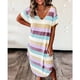 thumbnail image 1 of Vestido largo con lado dividido, manga corta, cuello en V, informal, suelto, dobladillo curvo, estampado a rayas, vestido largo largo para mujer, 1 of 5