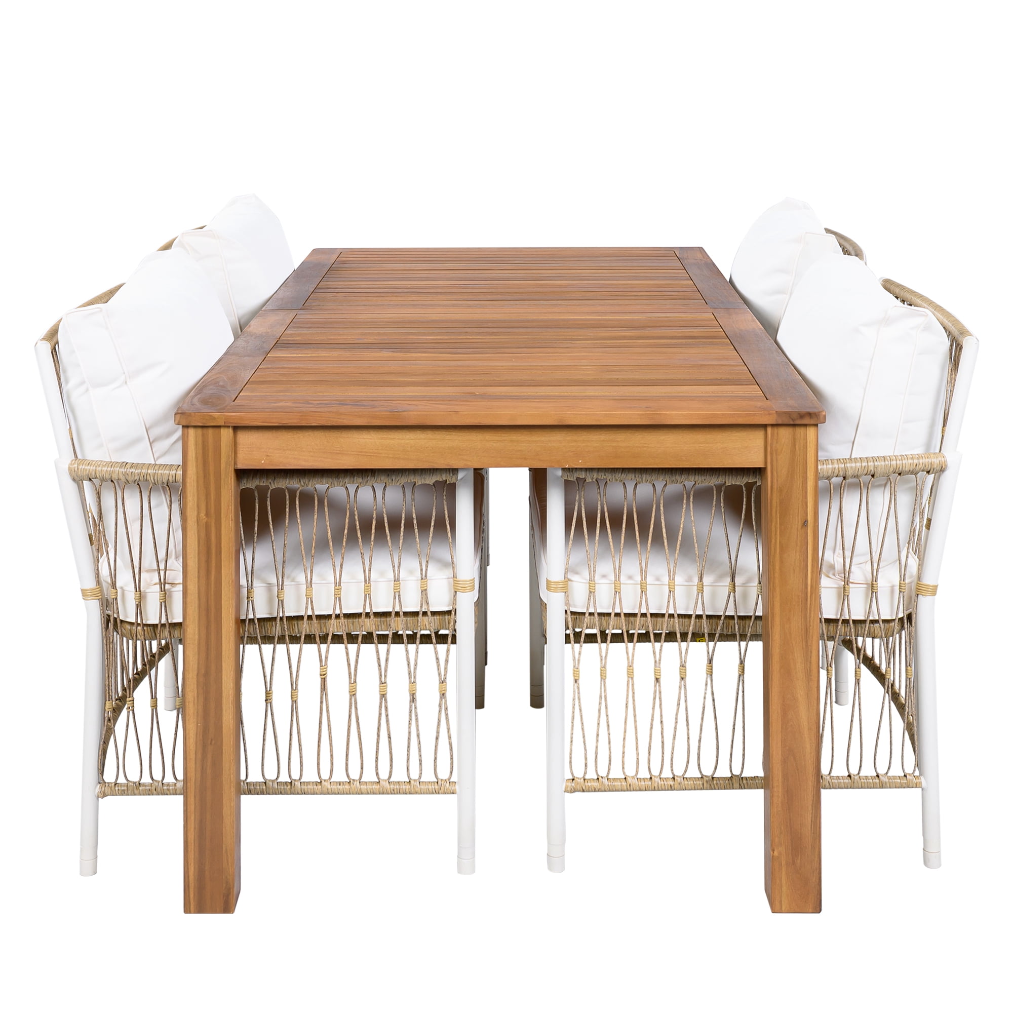5-Piece Patio Wooden Dining Table Set, 67-Inch Outdoor Acacia Wood Table with 4 PE Rattan Wicker Arm Chairs and Cushions, Outdoor Dining Furniture Set for Garden Backyard, Natural