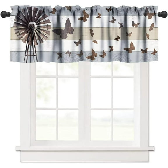 Rustic Windmill Valance, Western Vintage Farmhouse Wood Board Butterfly Print Blackout Short Window Curtain for Kitchen Bedroom Bathroom Cafe, 54x18in