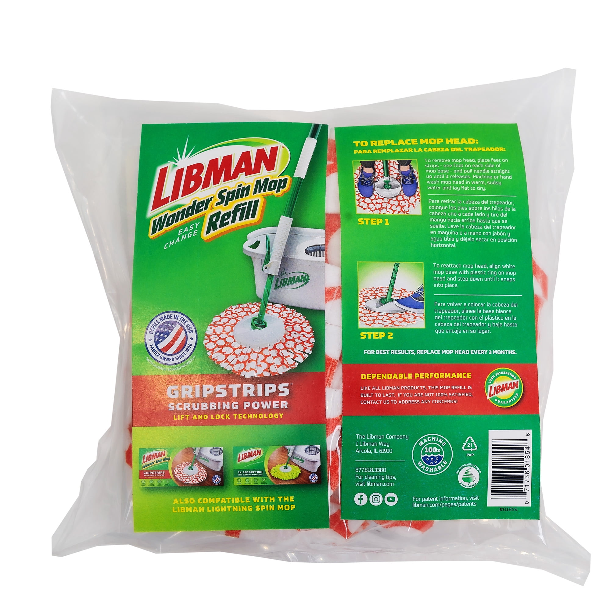 Libman Wonder Spin Mop Refill Head with Microfiber GRIPSTRIPS for Floor Cleaning