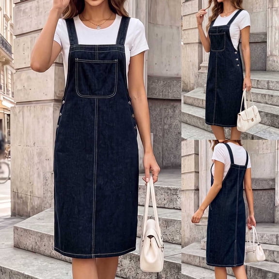 Women's Denim Overall Midi Dress Side Button Jumper Dress with Front Pocket, Casual Sleeveless Denim Suspender Dress Blue