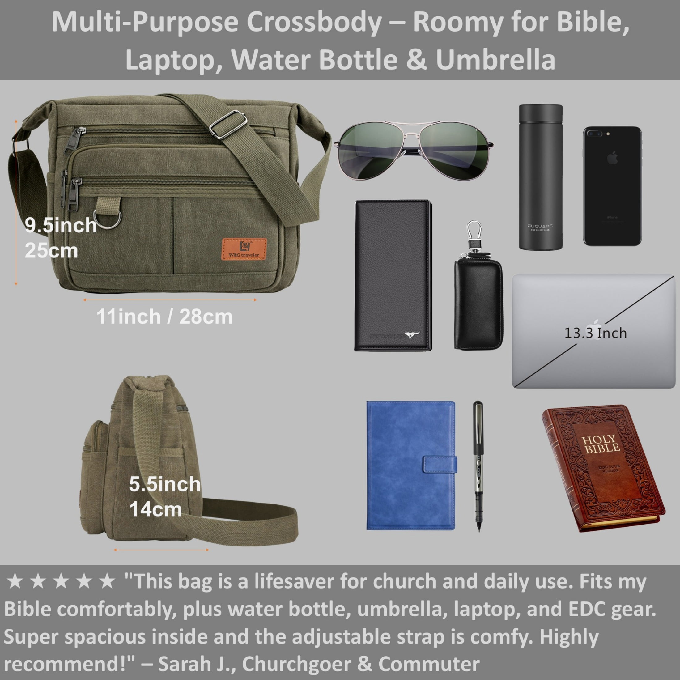 Crossbody Messenger Bag for iPad Pro 12.9 inches, Rfid Shoulder Purse w/Water Bottle Holders, 13 inch Laptop Briefcase, Built-in Wallet With AirTag Case Green