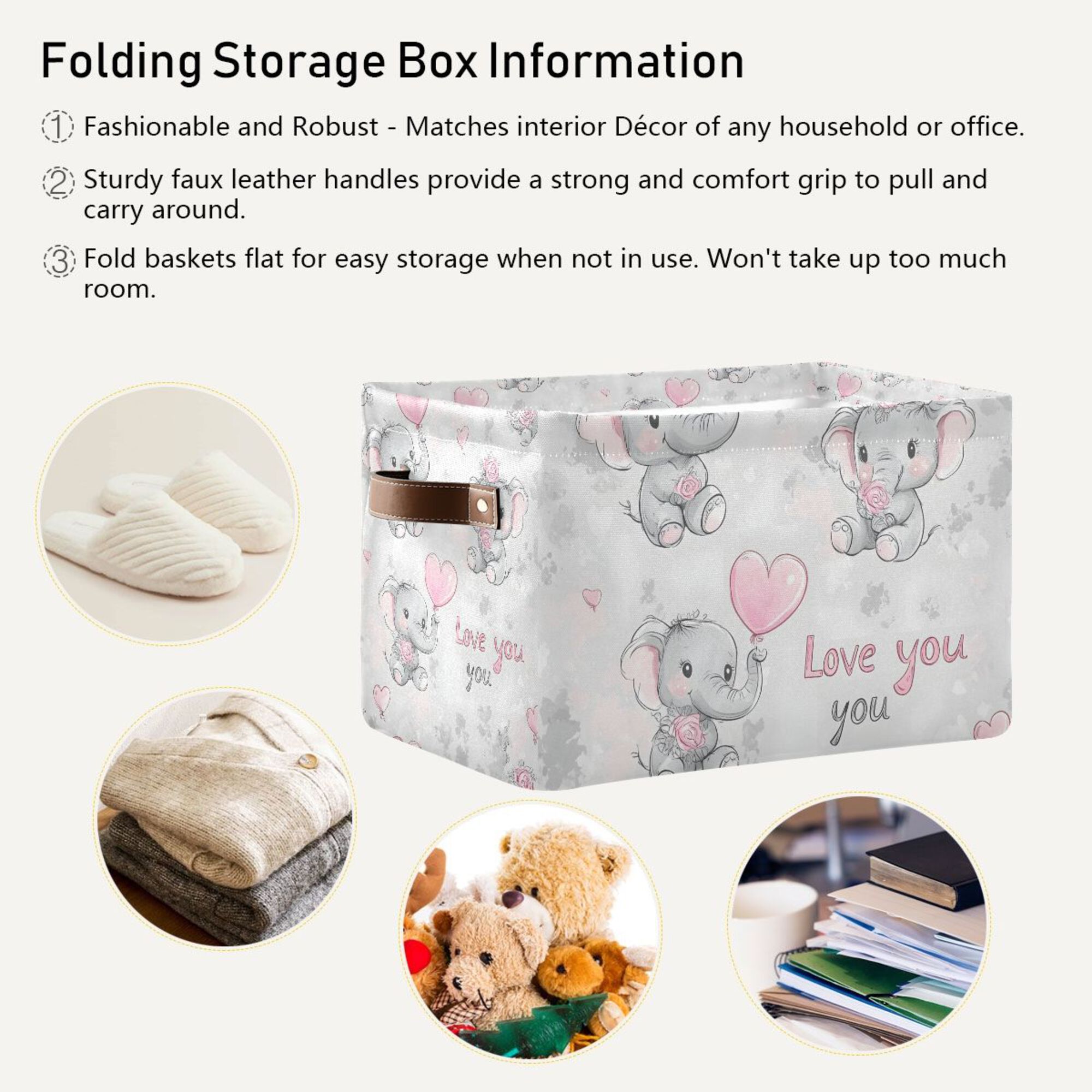 Yayeee Canvas Storage Basket with Handles for Shelves Fabric Bins Closet Organizer, Cartoon Elephant