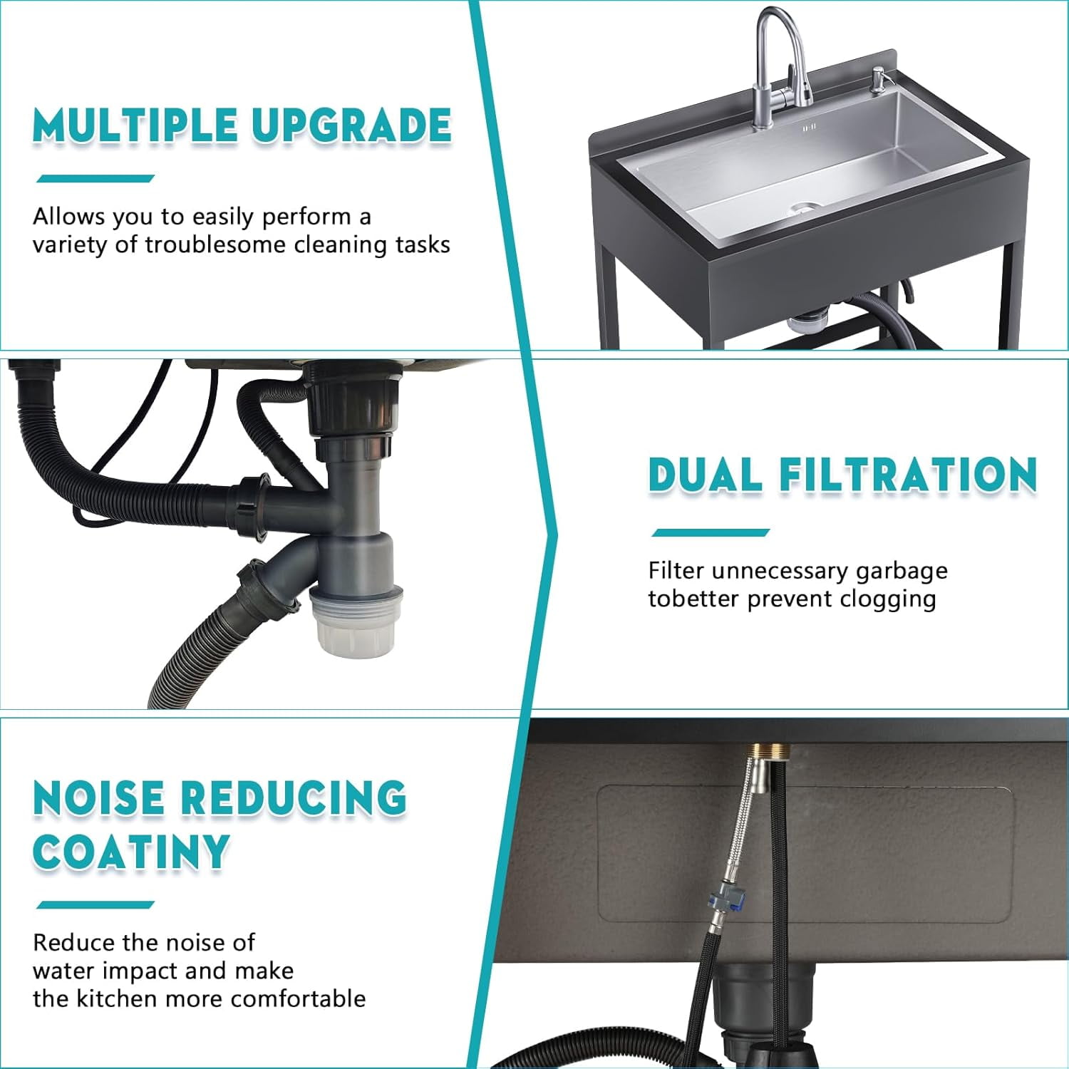 Esheno Stainless Steel Freestanding Utility Sink Cold Hot Faucet Hoses Drain Kit For Backyard Bathroom Sliver 41.7in