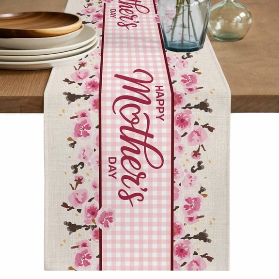 Happy Mother's Day Cotton Linen Table Runner for Dining Kitchen, Pink Floral Buffalo Plaid Burlap Wedding Outdoor Party Tablerunners Decoration, Dresser Scarf Coffee Tablecloth Runners 13x120 Inches