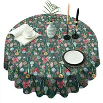 Dark Green Christmas Ornament Pattern Round Tablecloth 60"x60",Wrinkle Wipeable Table Cloth for Kitchen Dining Room Picnic Patio Party