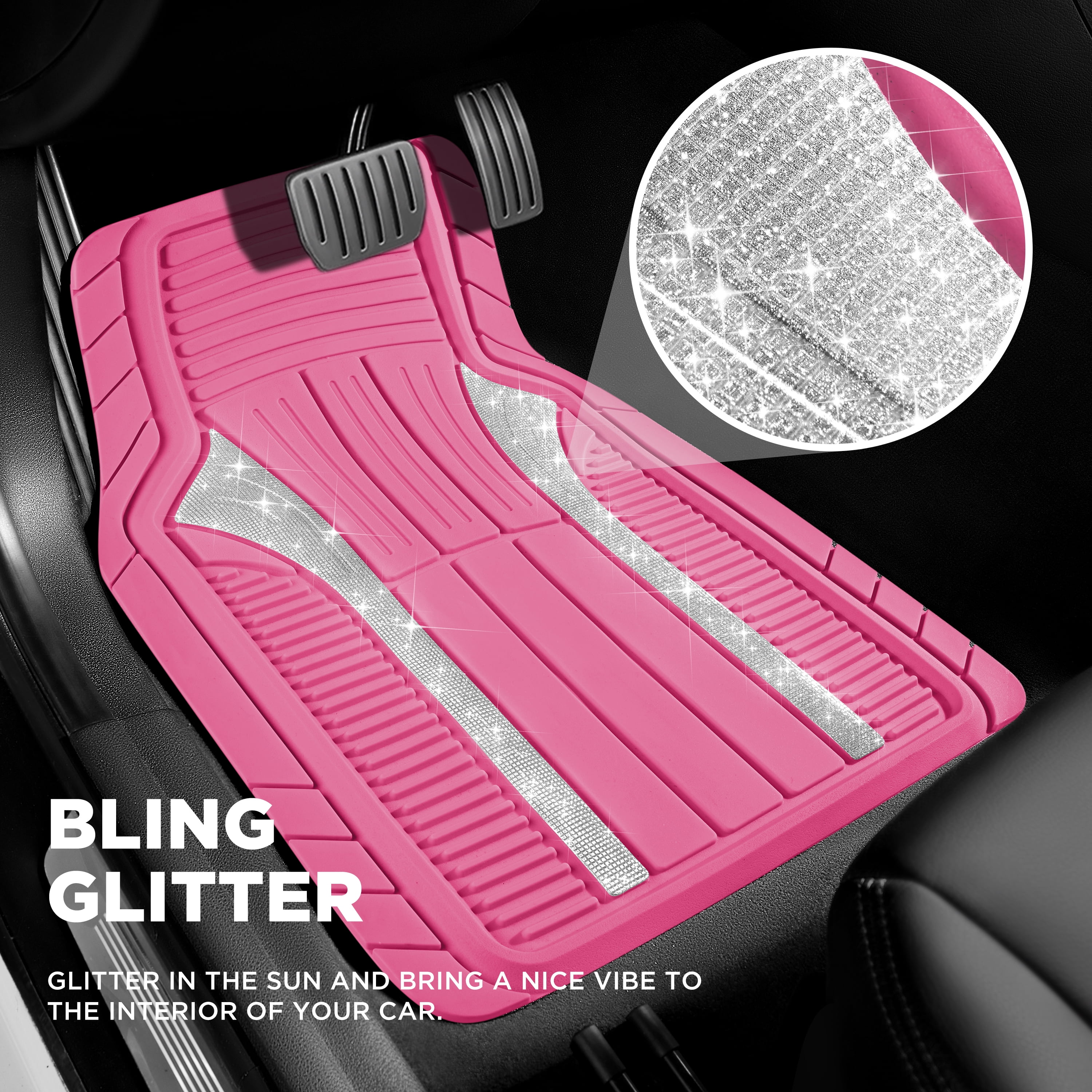 PIC AUTO Bling Rubber Floor Mats - Sparkly Glitter Hot Pink Car Mats Set, Heavy Duty All-Weather Waterproof Pads for Girls & Women, Universal Fit-Pink