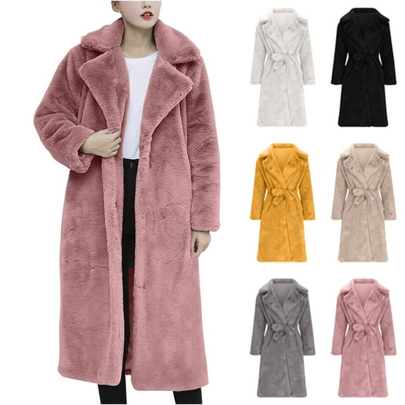 Juebong Long Winter Coats for Women Fleece Cardigans Oversized Fuzzy Warm Jacket Casual Button Sherpa Jackets Soft Outwear with Belt Pockets Beige,M