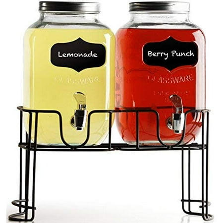 - Circleware Double Mini Yorkshire Dispensers With Chalkboard Panels On Black Metal Stand 1 Gallon Each, 2 Gallons Total