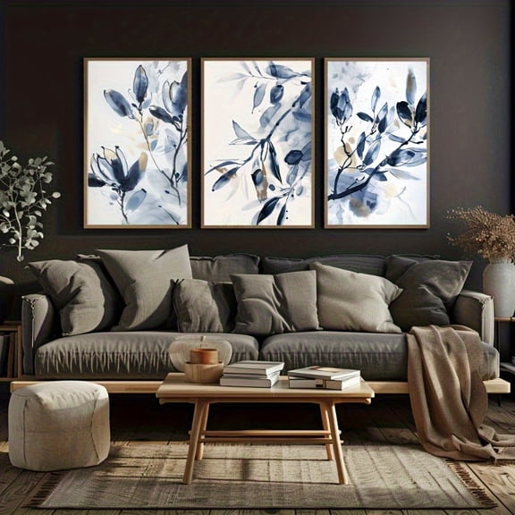3pcs Minimalist Ink Style Plant Canvas Art Set - Contemporary Blue & Beige Wall Decor for Living Room, Bedroom, Office - Frameless, Easy-to-Frame Posters, Aesthetic Room Decor