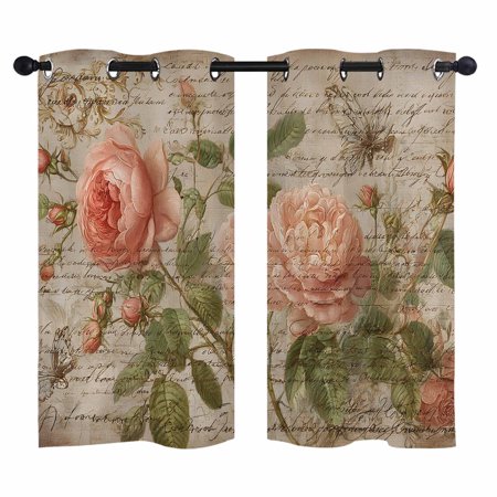 Vintage Spring Floral Blackout Curtains 39 Inches Long Pink Rose Rustic Botanical Letter Thermal Insulated Room Darkening Drapes with Grommets for Living Room 27.5 W x 39 L 2 Panels