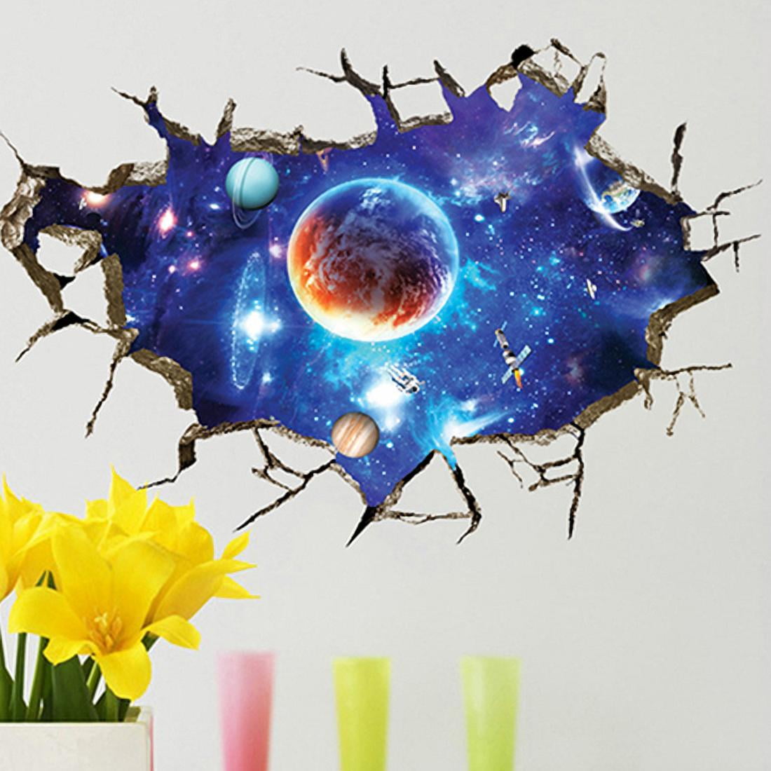 3D Galaxy Blue Cosmic Milky Way Wall Stickers, HOLENGS Outer Space Planets  Simulation Crack Hole Wall Decals, Starry Sky Wall Decor for Boys Kids