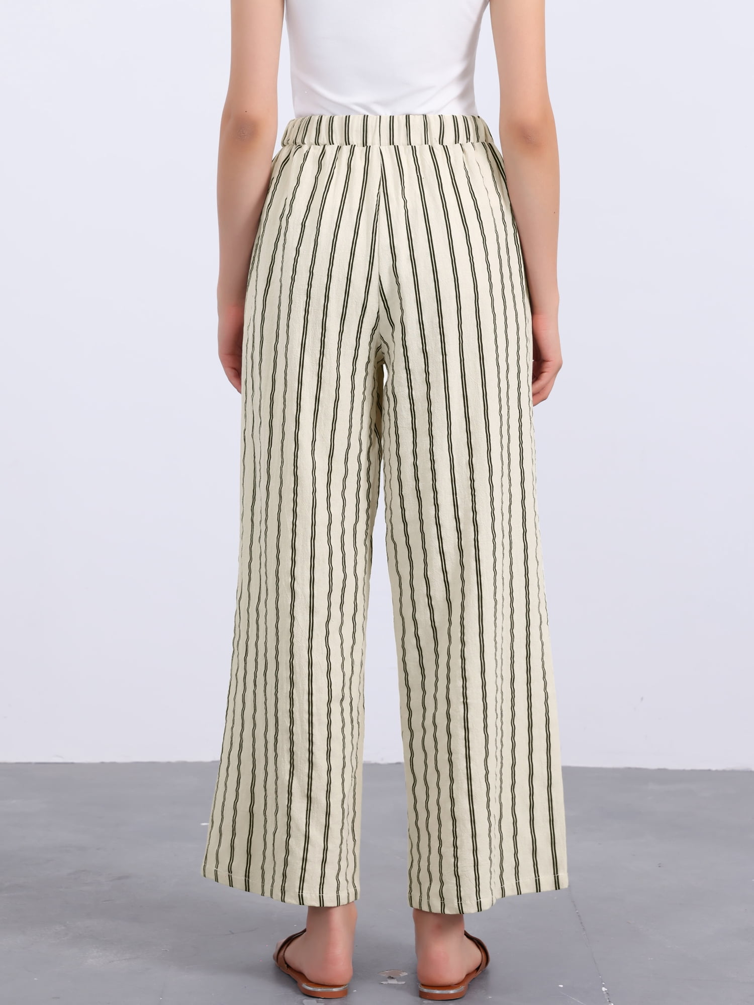 DARING DIVA Women's Stripe Casual Drawstring Wide Leg High Waist Pants XS Beige