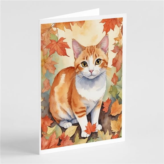 Carolines Treasures DAC7140GCA7P 5 x 7 in. Japanese Bobtail Cat in Fall Leaves Greeting Cards - Pack of 8