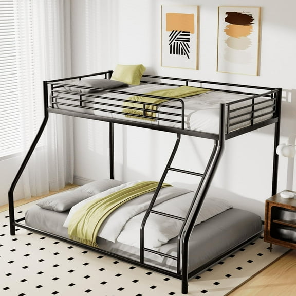 Twin XL Over Queen Bunk Bed, Metal Low Floor Bunk Bed with Full-Length Guardrails & Ladders, Heavy-Duty Slats Support for Adults Teens, Black