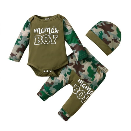 

Kucnuzki 12 Months Baby Boy Winter Outfits Pants Sets 18 Months Long Sleeve MAMA S BOY Letter Prints Romper Tops Elastic Camouflage Prints Pants Hat 3PCS Set Green