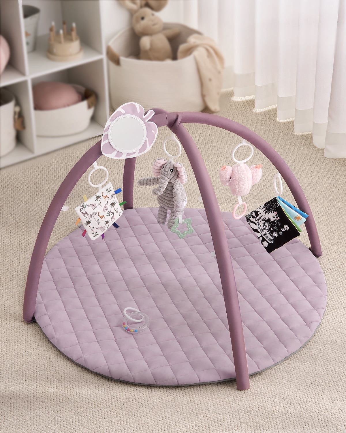 Blissful Diary Baby Play Gym Activity Mat, Tummy Time Mat Play Mat with 6 Sensory Toys for Motor Skill Development, Newborn Infant Baby Essentials Gift for Girls, Lilac Pink