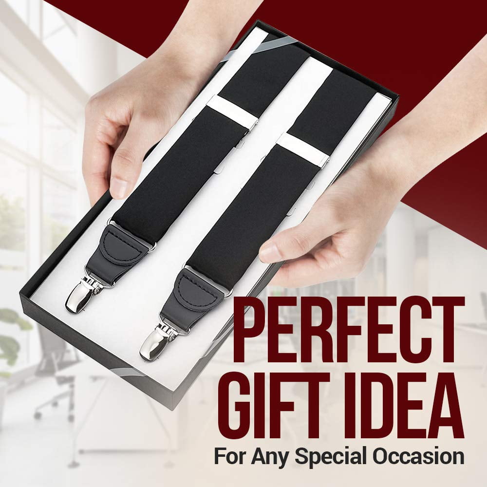 Mens Elastic No Slip "Pin Clip" x Back Suspenders With Leather Trim - Black (Available in 2 Colors)