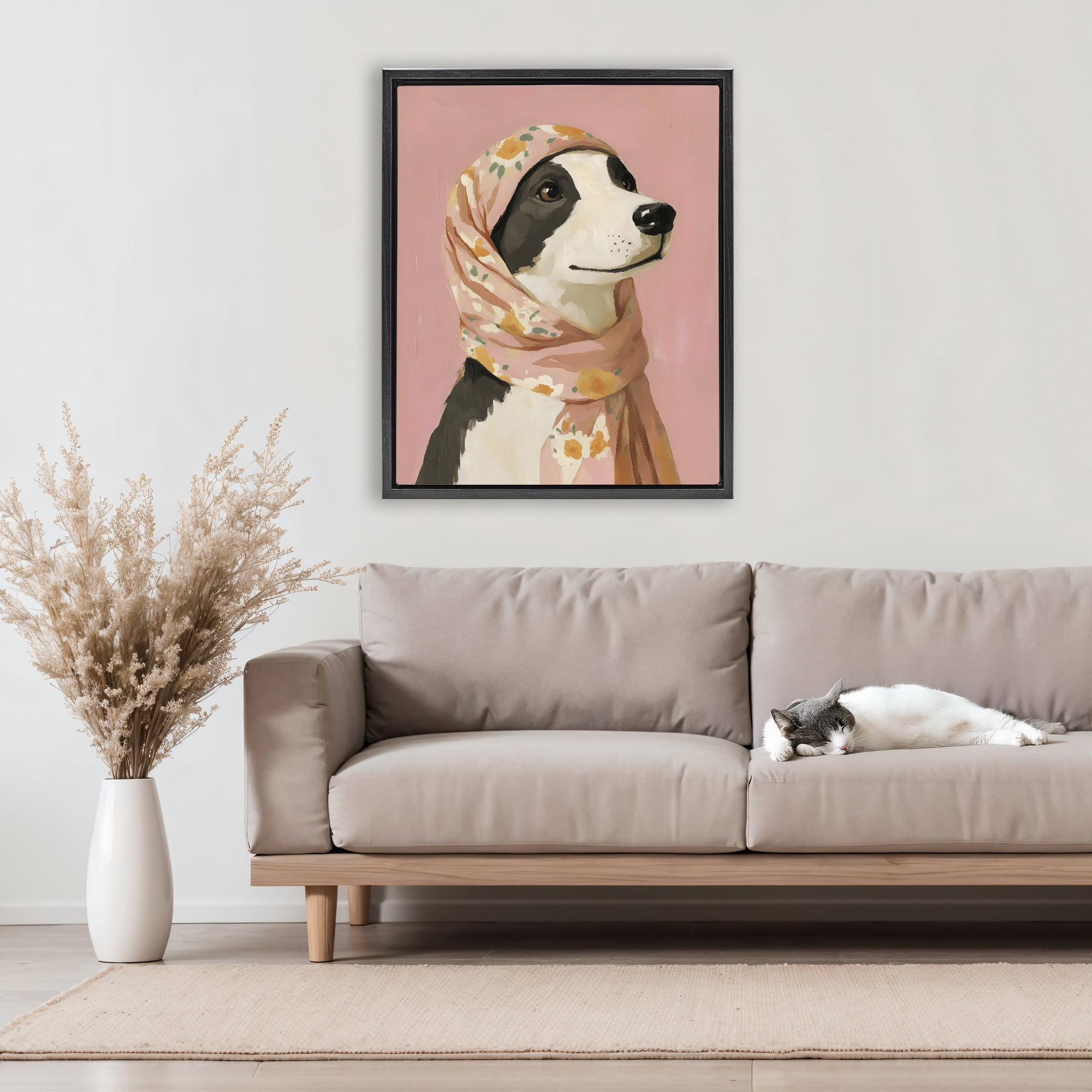 Stupell Industries Dog Babushka in Floral Scarf Black Framed Floater Canvas Wall Art, design by The Prints Vibe