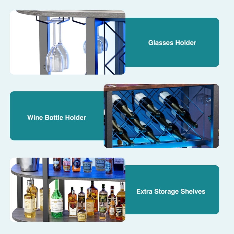 Gianna Bar Cart with Charging Station, LED Home Bar Cabinet with Storage, Metal Small Bar Cabinet, Liquor Cabinet with Glasses & Wine Bottle Holder, Gray