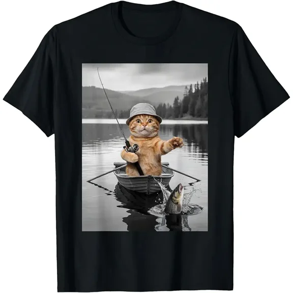 Funny Orange Tabby Cat Fisherman Lake Graphic Unisex Gift for Cat Lovers Short Sleeve Novelty T-Shirt