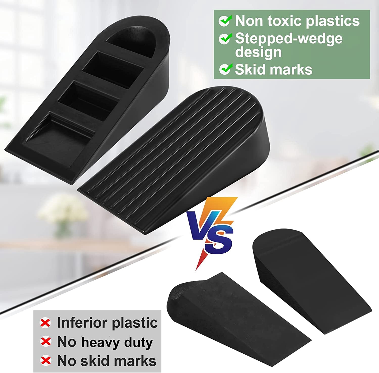 Big Door Stopper 2 Packs, Heavy Duty Wedge Rubber Door Stop Works on All Floor Surfaces, Non-Scratching Special for Home Office School Heavy Door (Black, H1.9 x L6.3 x W2.7 Inches)