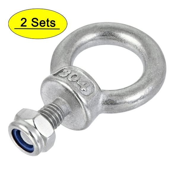 Uxcell Lifting Eye Bolt M6 x 0.47" Male Thread with Hex Screw Nut for Hanging, Stainless Steel, 2 Sets