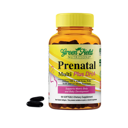 Greenfield Nutritions - Halal Prenatal Multi-vitamins with DHA, Minerals, 800 mcg Folic Acid and 15 mg Iron, Easy to Swallow, Softgel