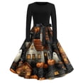 thumbnail image 2 of Women's Halloween Dress Bone 1950s Long Sleeve Classic Dresses Ghost Hepburn Crew Neck Casual Tea Length Dress with Belt XL, 2 of 5