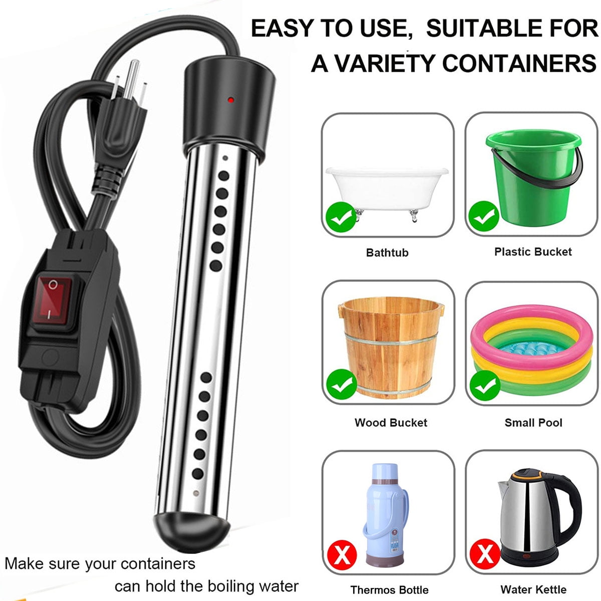 2000W Electric Immersion Water Heater with Timer & LCD Thermometer - Stainless Steel Guard for Bucket, Bathtub, Pool, Camping - 110V Portable Instant Heating Rod,Black, with switch