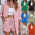 thumbnail image 2 of Xuhomer Summer 2 Piece Suits s for Women Solid Color 3/4 Sleeve Button Down Tops Cover Up and Lace-Up Elastic Waist Wide Leg Shorts Active Work Travel Vacation Outfits TrackSuits Matching Orange L, 2 of 4