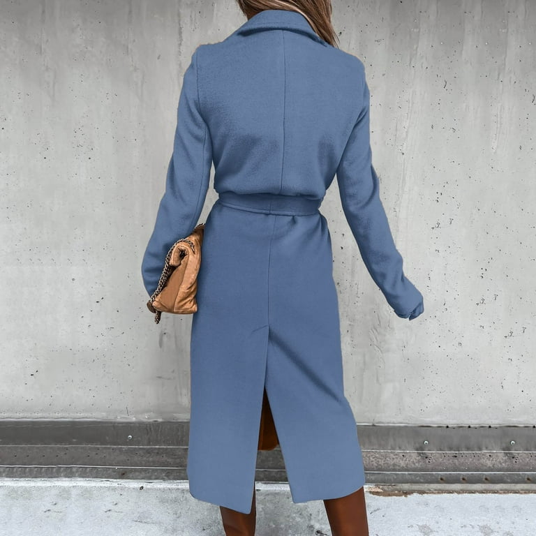 Winter Savings! RQYYD Women's Faux Wool Coat Blouse Thin Coats Trench Long  Jacket Ladies Slim Long Belt Womens Ring Master Jacket (Blue,S) 