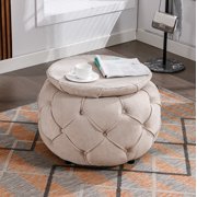 Round Storage Ottoman, Accent Storage Footstool, Large Button Tufted Woven Footrest Stool Bench, Coffee Table for Living Room Bedroom